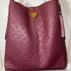 NWT RAREBetsey Johnson Xomillie Faux Leather Embossed Skull Hobo Bag in a cherry